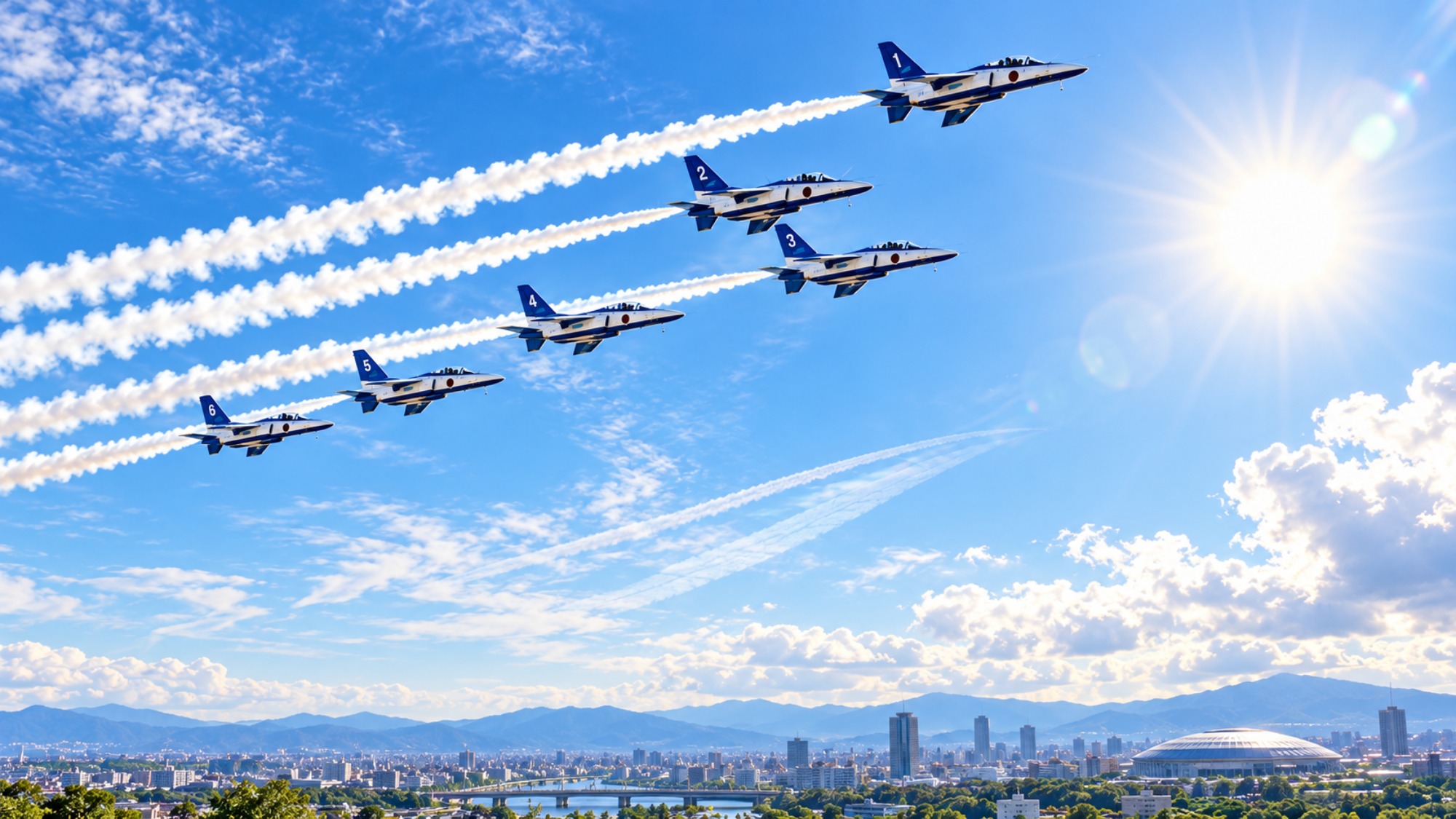 豊田市上空にブルーインパルス！太陽と6機を偶然撮影｜愛知・名古屋2026開幕日
